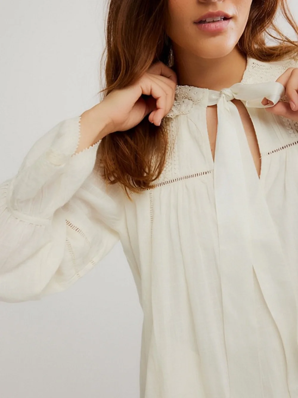 Free People Ivory Long-Sleeve Tie-Neck Mini Dress Size XL